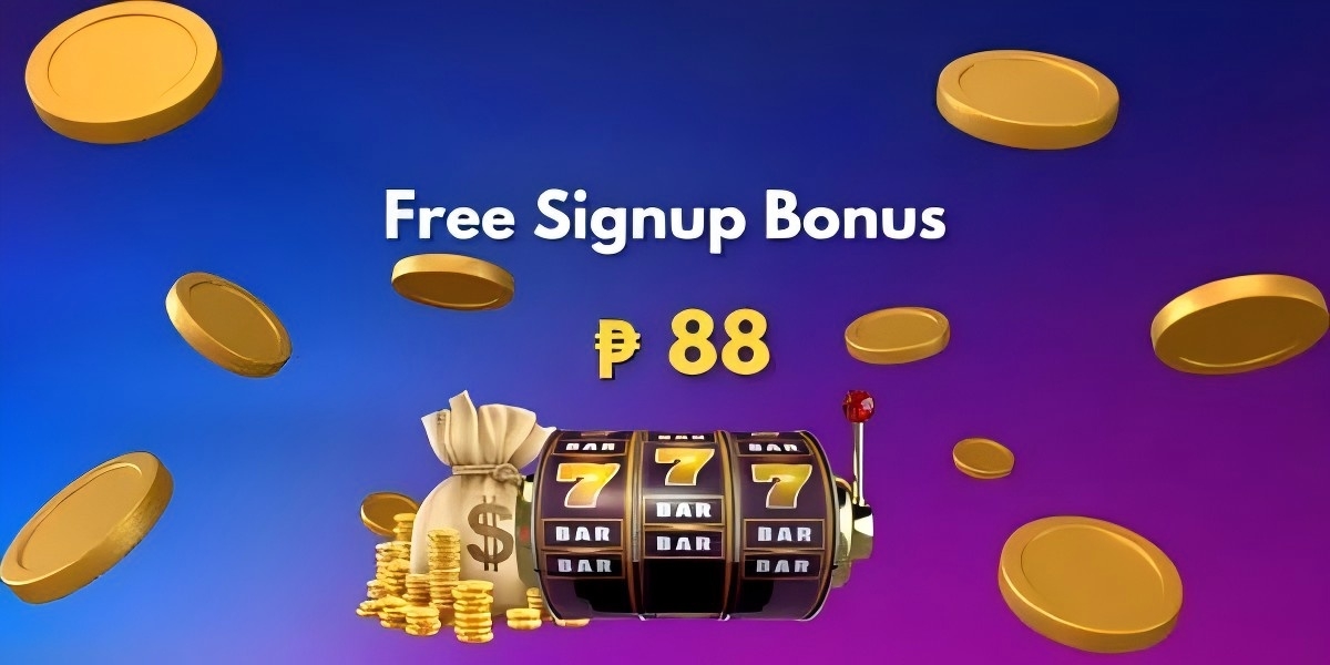 Slot machine showing triple sevens beside a money bag and gold coins promoting a free signup bonus of 88 pesos